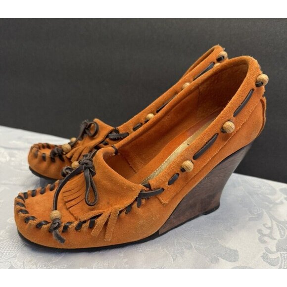 Sam Edelman Size 6M Angelina Moccasin Wedge Shoe Orange Fringe Suede - Picture 1 of 16